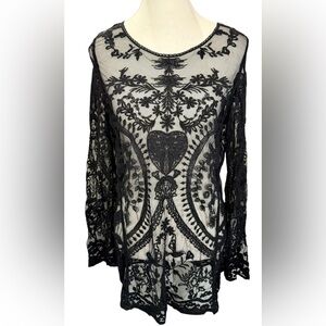PHASE ONE Black Lace Sheer Tunic Top with appliqué hearts Size Large long sleeve
